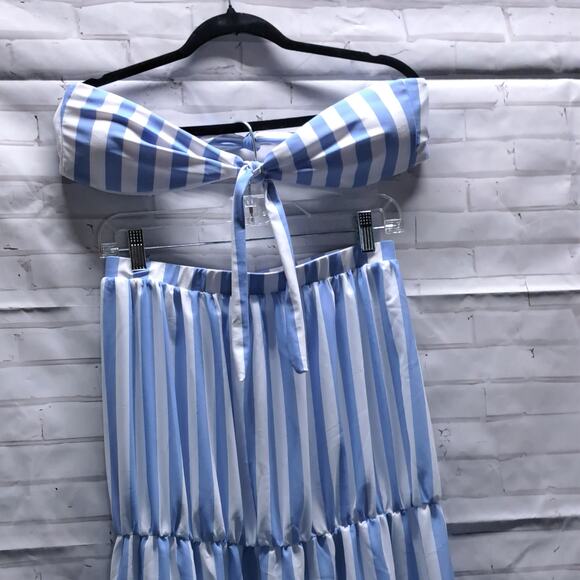 Summer Beachy 2 piece Blue White Stripe Bandau top sheer tiered skirt Lg - Picture 3 of 6